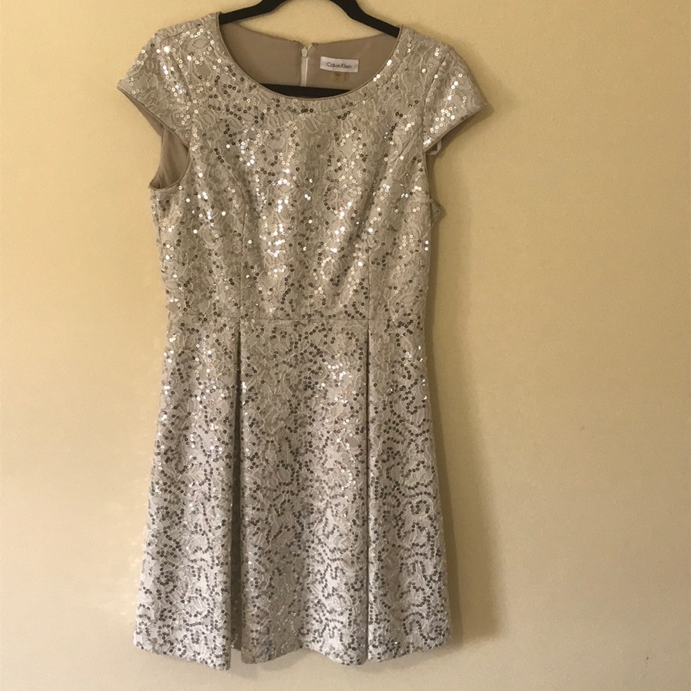 Calvin Klein White Sequin Fit and Flare Dress